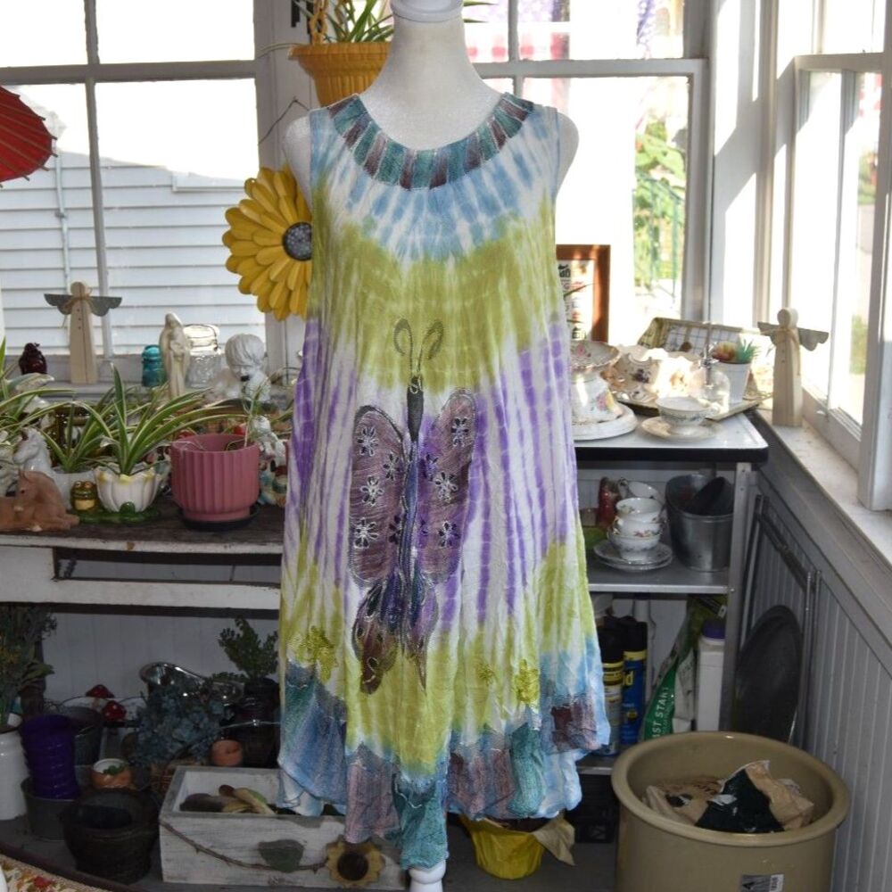 Y2K Advance Apparels Tie Dye Butterfly Dress Free Size L XL Boho Fairy